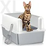 Stainless Steel Cat Litter Box with Lid, XL Extra Large High Side Cat Litter Box, Enclosed Litter Box for Small Cats, Non-Leaking, Easy to Clean, Anti-Leakage, Include Litter Scoop (Grey)