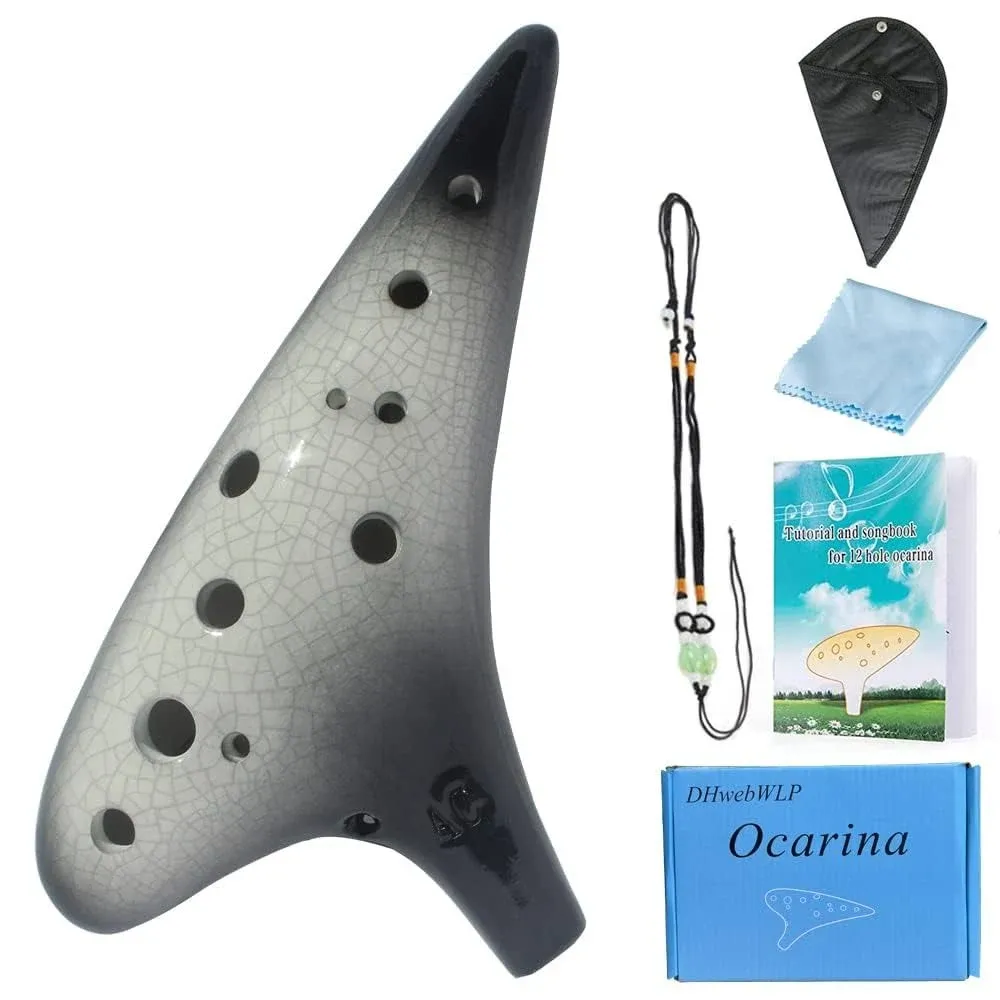 12 Hole Ocarina Instrument,Ice-crack Alto C Ceramic Ocarina With Song Book(Gradient Black)