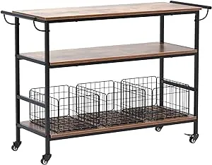 3-Tiers Kitchen Island on Wheels, 45.3 inch Bar Cart with 3 Removable Baskets...