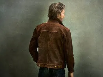 brown leather trucker jacket made with suede leather