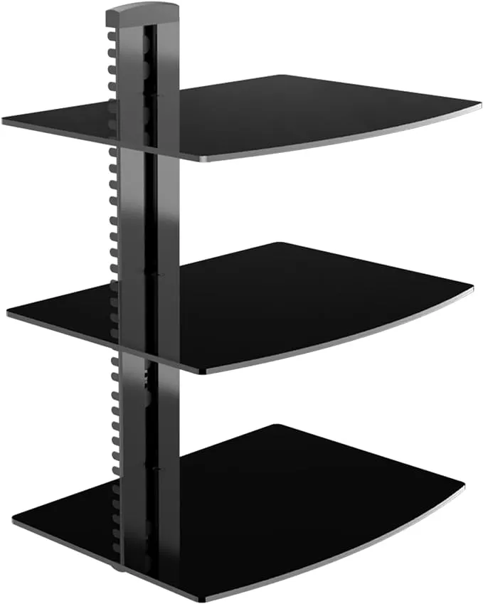 suptek DVD Floating Shelf, Glass TV Wall Mount with Shelf for DVD Player / PS4 / Cable Boxes/Game Consoles/Sky Box/TV Accessories, Media Shelf, Flat Black Wall Mount Bracket, AV Shelf, 3 Tiers CS303