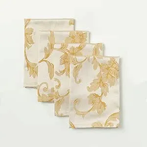 Benson Mills Harmony Scroll Woven Damask Fabric Set of 4 Napkins, Everyday, Parties, Special Occasions, Weddings and Holiday Cloth Napkins (18" x 18" Napkins, Silver – Gold)