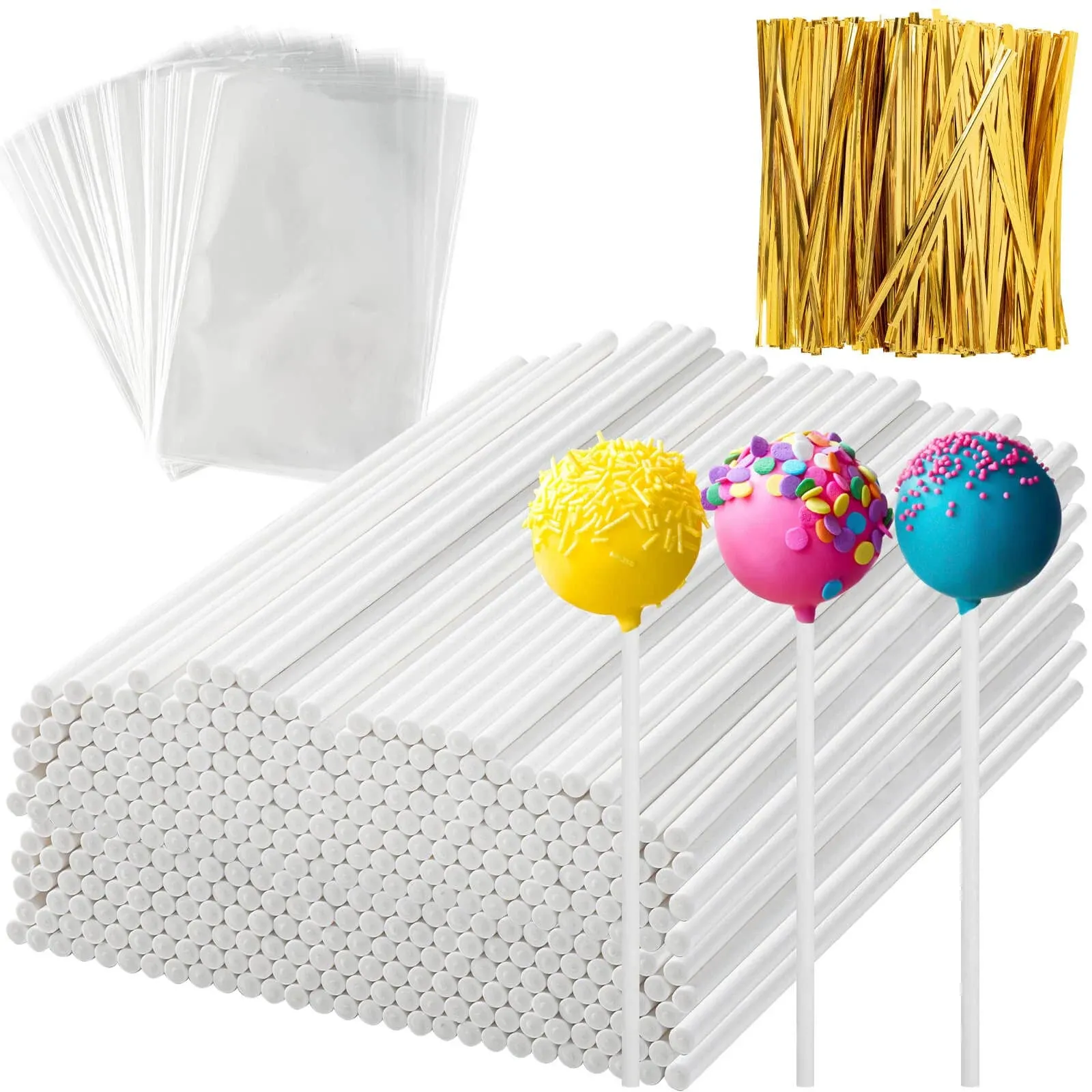 600pcs Lollipop Stick, 6in Cake Pop Sticks with Clear Treat Bags & Gold Twist ...