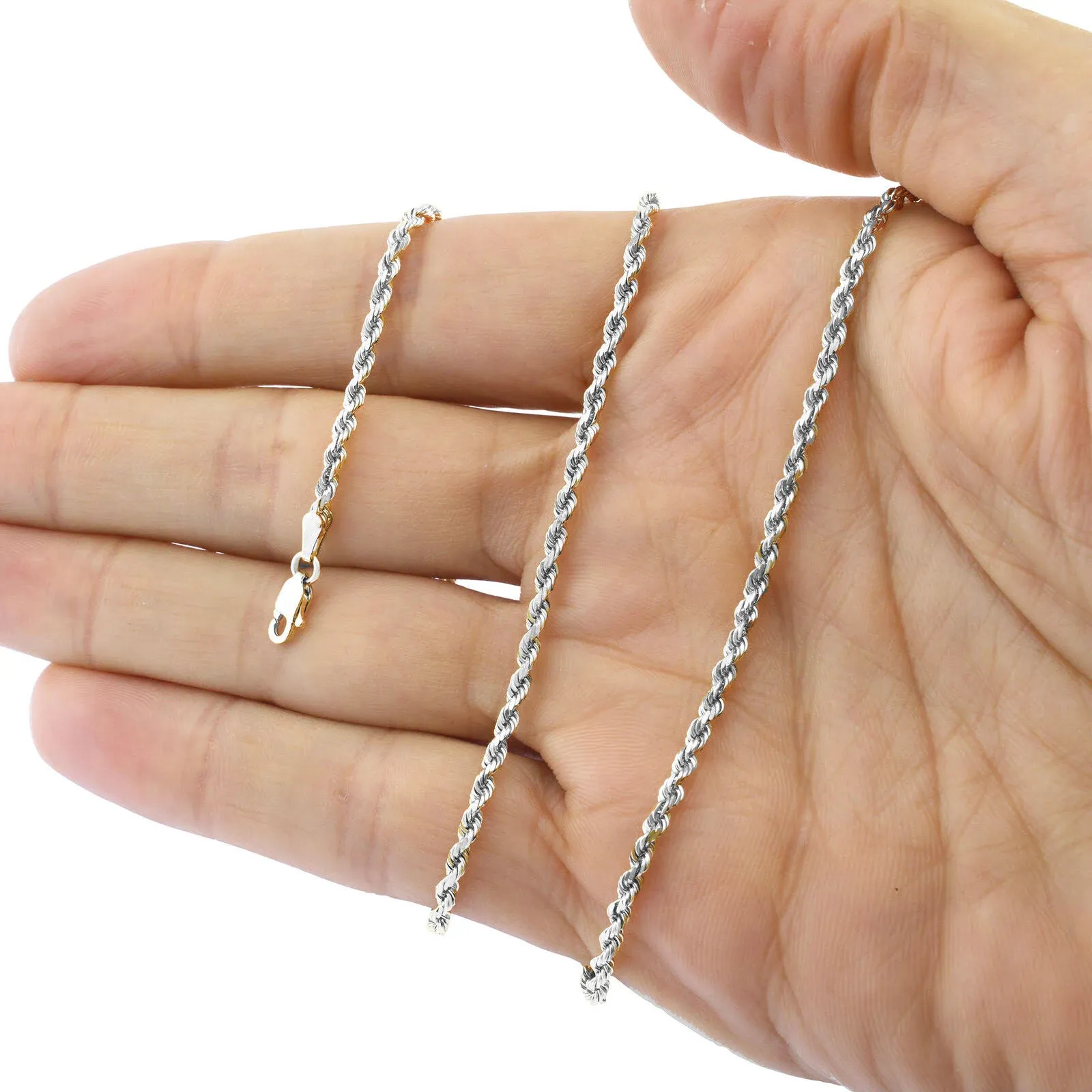 10K White Gold 3mm Diamond Cut Rope Chain Pendant Necklace Mens Women 16&#034;- 30&#034;