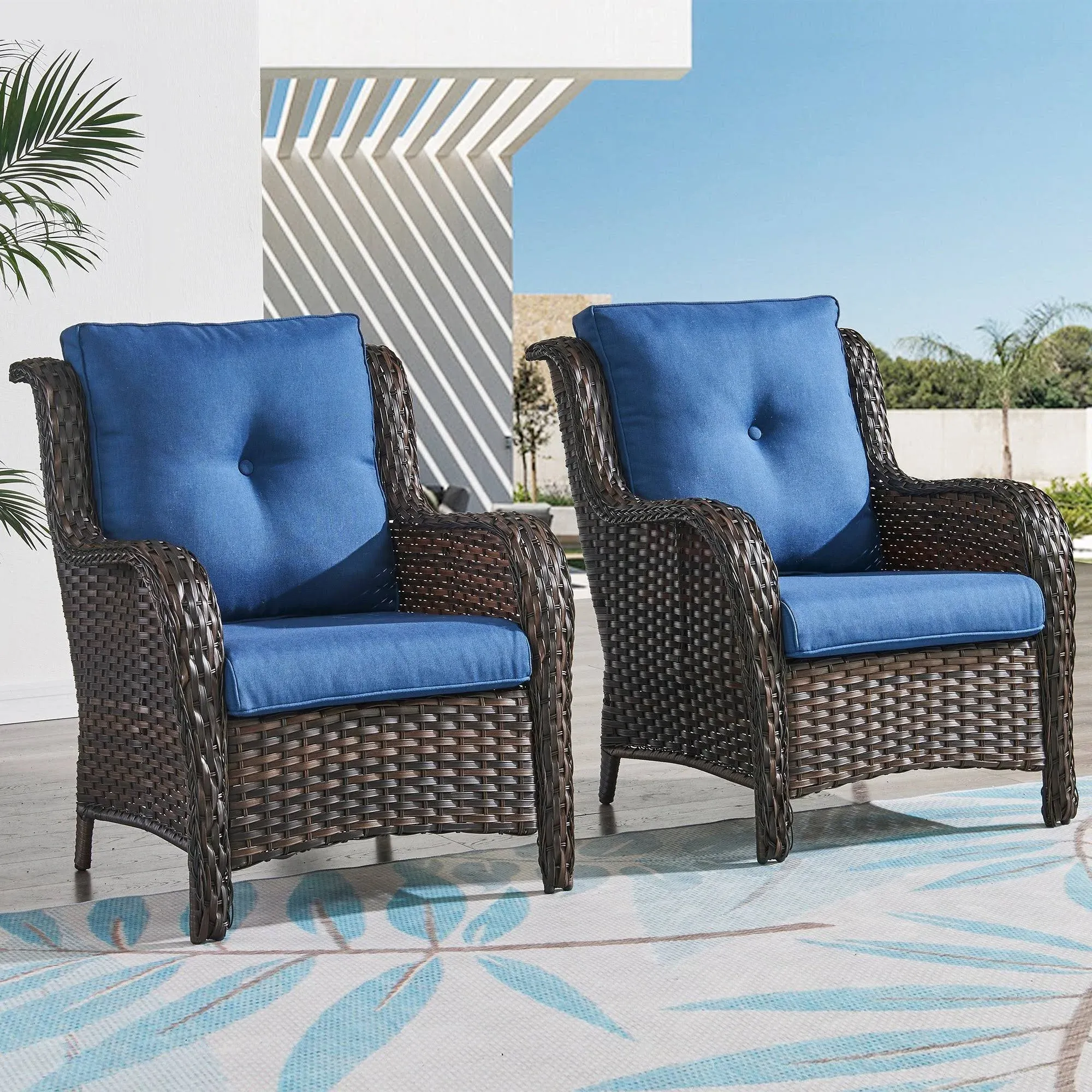 Outdoor Wicker High Back Club Chair with Cushions (Set of 2) LightGrey/Baby Blue