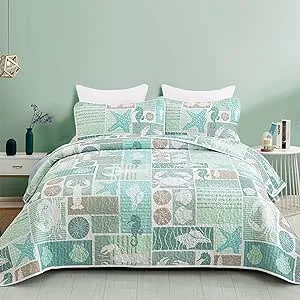 Green Quilt Set Queen Coastal Beach Theme Quilt Coverlet Set Soft Microfiber Rev