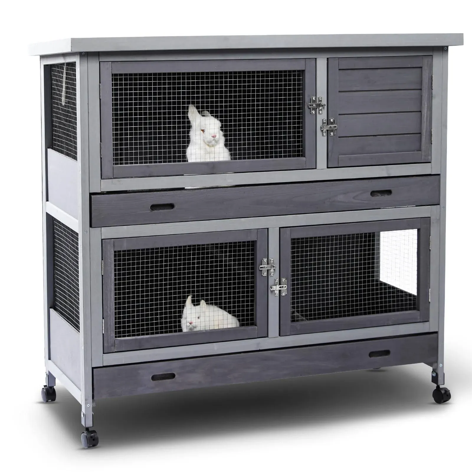 Narkula Rabbit Hutch Indoor Outdoor on Wheels Deeper Trays Chew Proof, Bunny Cage 2 Floors Separable for Guinea Pig with 4 Doors, Wooden Rabbit House