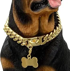 Gold Dog Chain Collar Walking Metal Chain Collar with Design Secure Buckle,18K Cuban Link Strong Heavy Duty Chew Proof for Medium Dogs(14MM, 10")