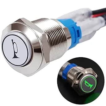 Twidec/16MM Raised Speaker Horn Momentary Push Button Switch 5/8" Mounting Hole 12V Green Led Light Silver Stainless Steel Shell 1NO 1NC SPDT with Pre-Wiring Wires Switch for Car Modification G16LB-G