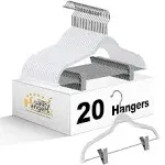 Quality Plastic Non Velvet Non-Flocked Thin Compact Coat Hangers with Metal Clips for Skirts Pants Blouses 360° Swivel Hook (White, 20)