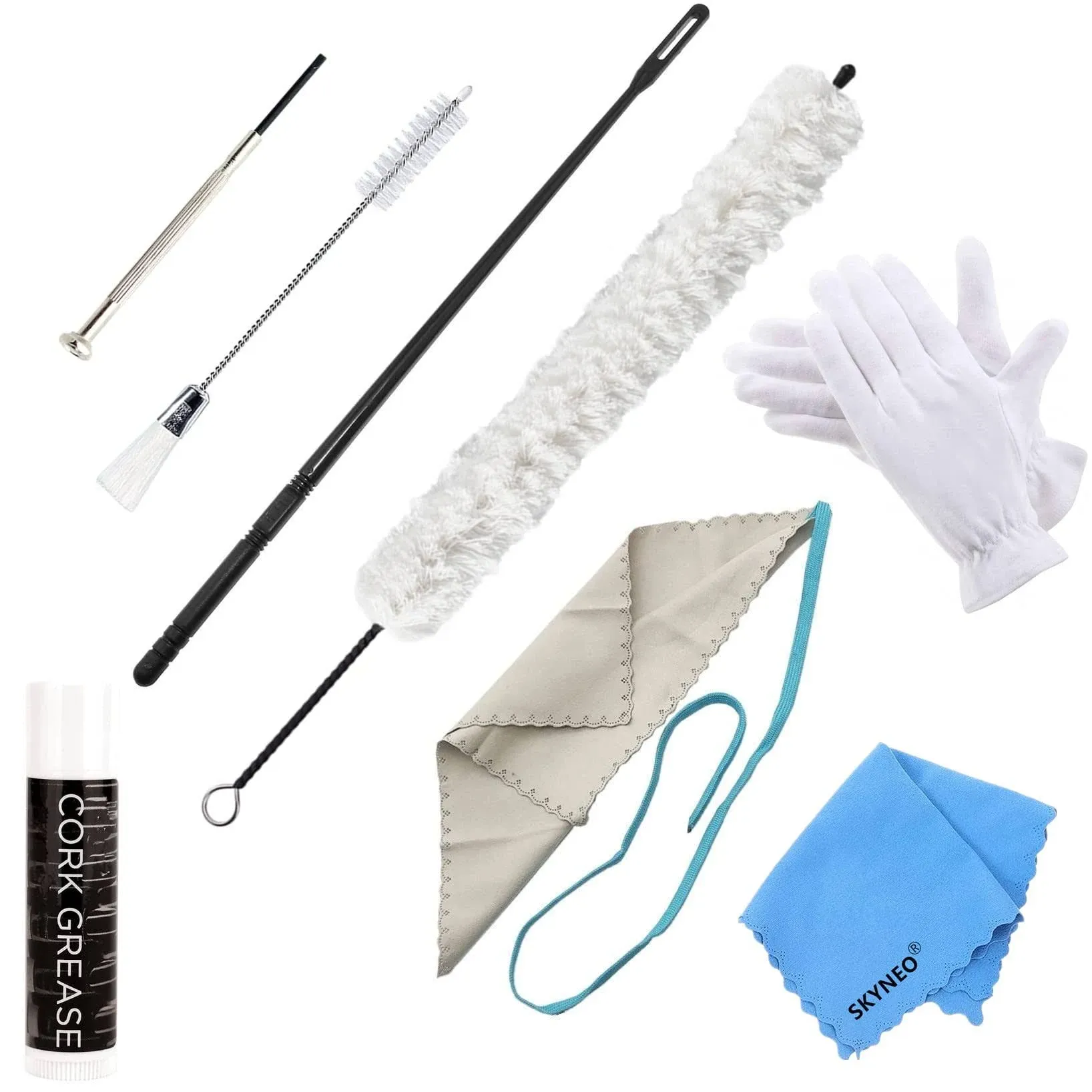 Flute Cleaning Kit Include 1pc Cotton Cleaning Brush, Flute Swab, Double-End Dust Brush,Flute Cleaning Rod, Screwdriver for Flute Repairing,Cork Grease, a Pair Cotton Gloves, 1pc Flute Cleaning Cloth