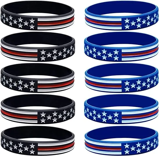 10 Pack American Flag Bracelets -Thin Red Line Silicone Rubber Wristband