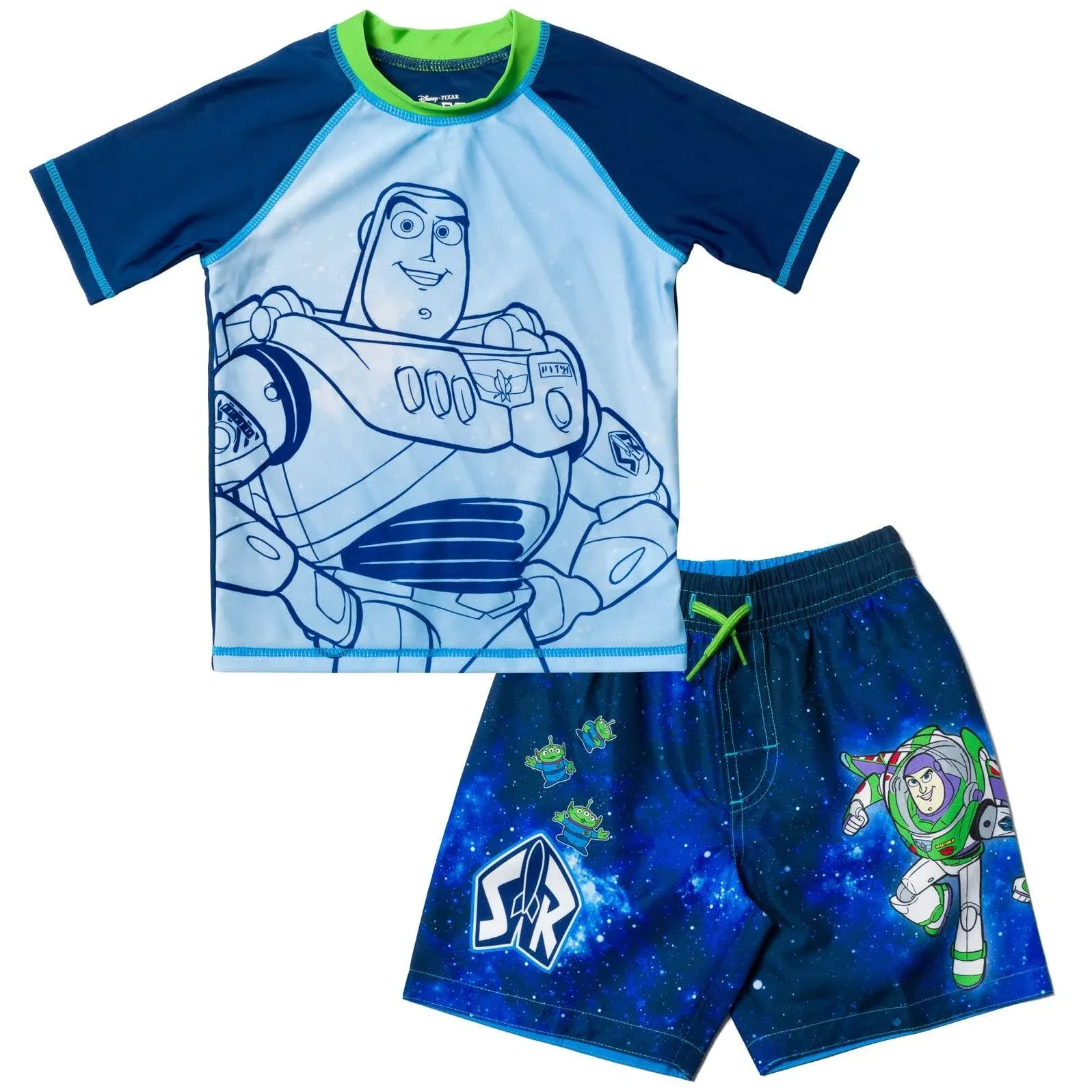 Disney Pixar Toy Story Alien Rex Slinky Dog Woody Baby Pullover Rash Guard and Swim Trunks Outfit Set Infant to Little Kid