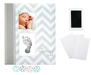 Pearhead Baby Memory Book, First 5 Years Baby Milestone Book, Pregnancy Journal, Newborn Baby Girl or Baby Boy Keepsake, With Clean-Touch Ink Pad For Baby's Handprint or Footprint, Gray Chevron