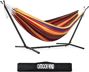 OUTDOOR WIND 550lbs capacity Double Hammock Adjustable Hammock Bed with 10ft Heavy Duty Steel Stand Includes Portable carrying c