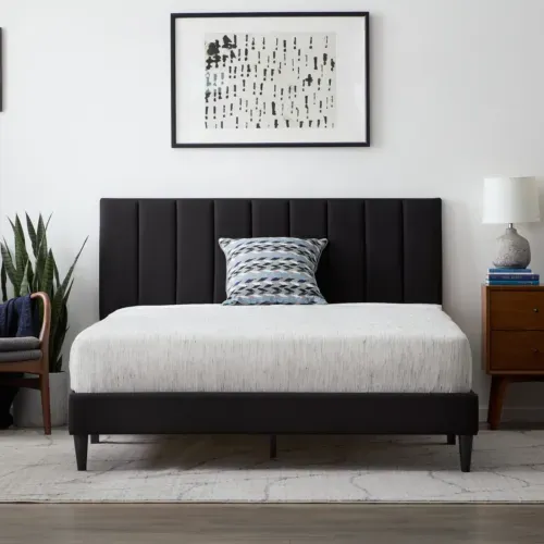 Lucid King Bed Frame with Headboard Vertical Channeled Upholstered Pearl