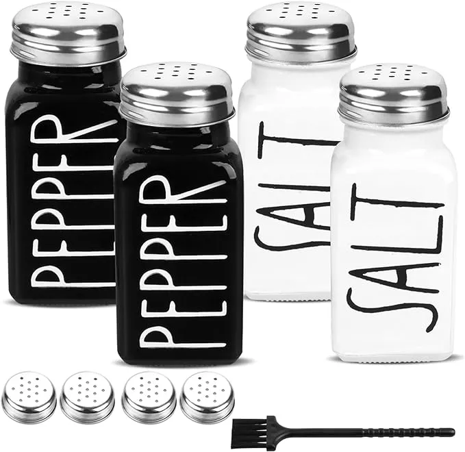 4 Pack Salt and Pepper Shakers Set, Glass Salt Shaker with Stainless Steel Lid, Modern and Cute Farmhouse Salt and Pepper Set (Black and White)