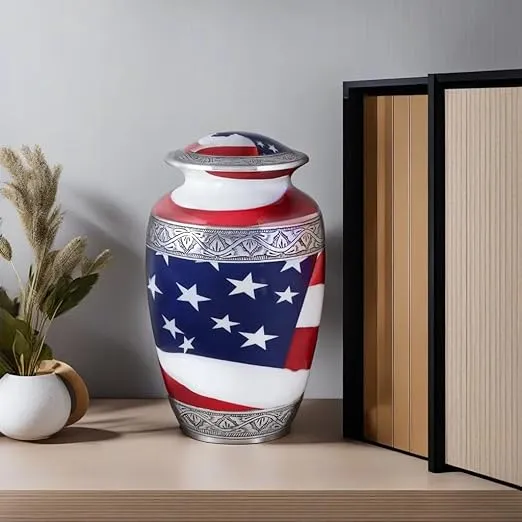 American Flag Hand Engraved Cremation Urn For Adult Human Ashes, Veterans, First Responders, Patriots - A Beautiful Urn For Your Loved Ones Remains With Elegant Finish - 10 Inch