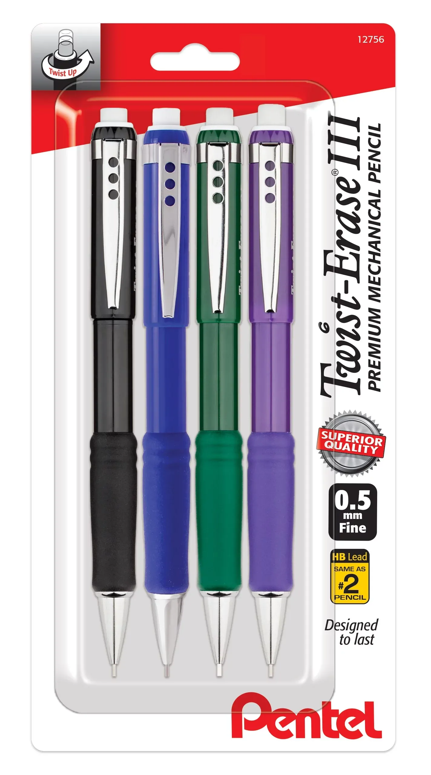 Pentel Twist Erase III Premium Mechanical Pencil 05mm 4 Pack Assorted Barrels 1 Each Black Blue Green Violet