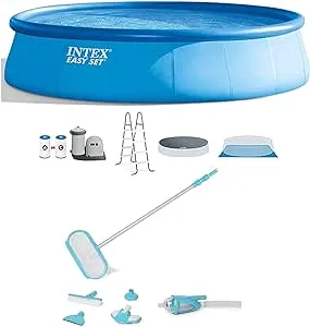 Intex Easy Set Round Above Ground Inflatable Swimming Pool with Filter Pump, Ladder, and Deluxe Maintenance Pool Cleaning Kit, Blue