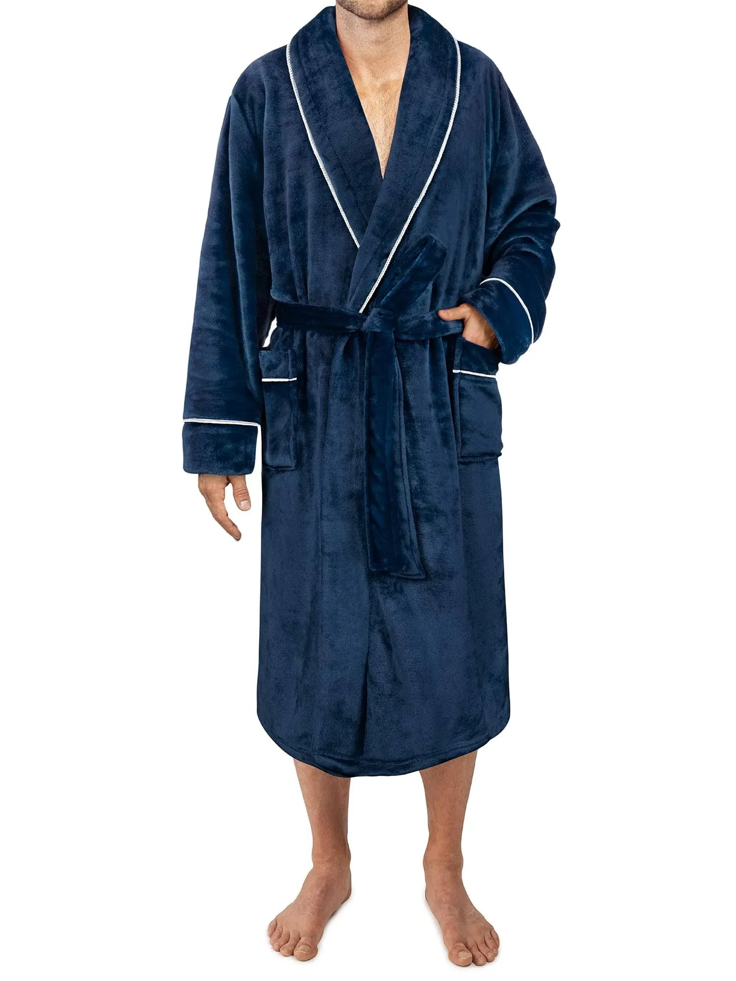 PAVILIA Fleece Mens Robe, Plush Flannel Robe for Men, Soft Bathrobe Mens Long Spa Robe