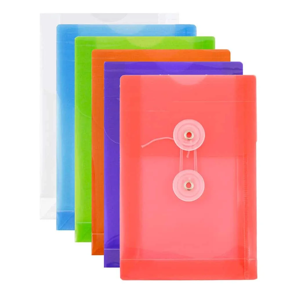 JAM PAPER Plastic Envelopes with Button & String Tie Closure - 4 1/4 x 6 1/4 - Assorted Colors - 6/Pack