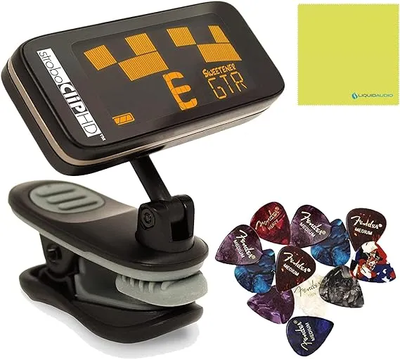 Peterson Clip Tuner StroboClip HD Set- Guitar Tuner Clip On, Bass Tuner, Violin, Ukulele, Harp, Brass, with 12X Guitar Picks & Liquid Audio Polishing Cloth- Musical Instruments Performance Tuner