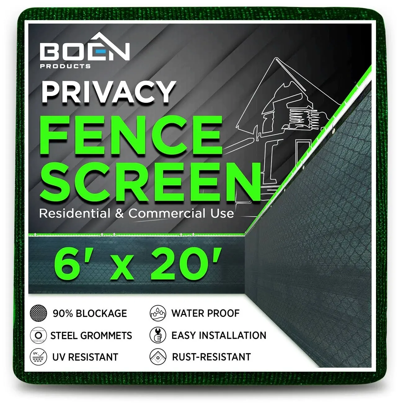 Boen Privacy Netting Green 6' x 20', w/ Reinforced Grommets