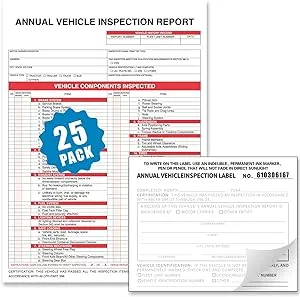 Annual Vehicle Inspection Report Form 25-pk 3-Ply Carbonless, 8.5" x 11.75" + 2-Ply Vinyl with Mylar Laminate Label 5" x 4"