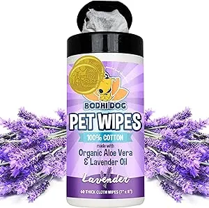 Bodhi Dog Pet Wipes | Wipes for Dog Grooming | Wipe Away Pet Odors & Deodorizes Coat | No Parabens or SLS | Large Wet & Thick Pet Wipes | Best for Cleaning Dogs and Cats (Lavender, 60CT)