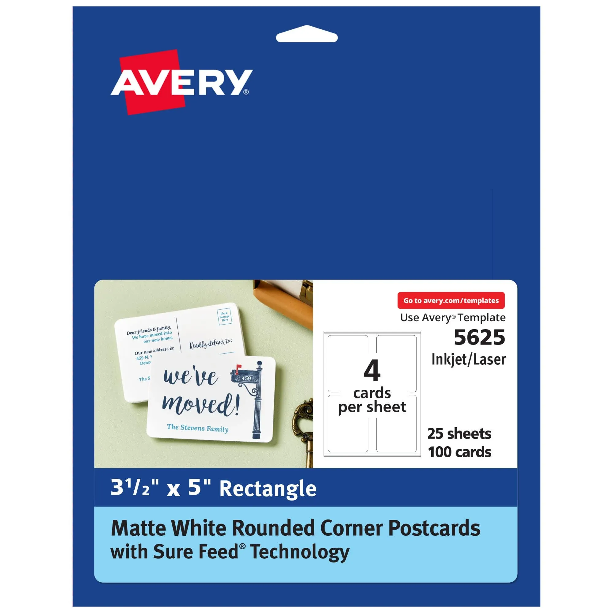 Avery Postcards with Rounded Corners and Sure Feed Technology, 3.5" x 5", Matte White, 100 Total, Laser/Inkjet Printable Cards (5625)