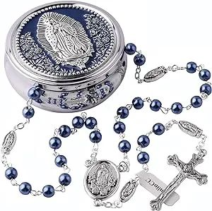 6mm Glass Pearl Beads Catholic Our Lady of Guadalupe Rosary Necklace for Women and Men with Virgin Mary Center Piece and Crucifix with Metal Gift Box