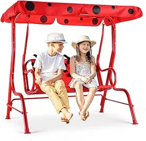 Costzon Patio Swing,All-Weather Porch Swing w/Safety Belt, 2 Seats Outdoor Lounge Chair Hammock w/Removable Canopy, Outdoor Swing Bench for Backyard Lawn Garden (Ladybug Pattern,Red)