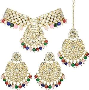 Aheli Faux Kundan Necklace Earrings Maang Tikka Set Indian Ethnic Wedding Fashion Jewelry Set for Women