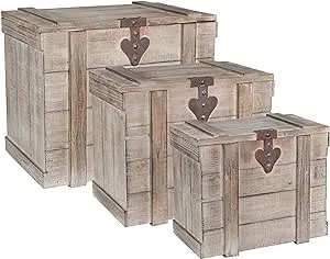 Household Essentials Antiqued Decorative Trunk, 3 Piece Set, Small, Medium and Large, Chinese Fir Panel and MDF, Smooth Backing and Metal Hinge Accent, Flat Top and Stay-Open Lid