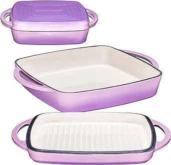 Bruntmor 2-in-1 Square Enamel Cast Iron Dutch Oven Baking Pan With Handles, Purple