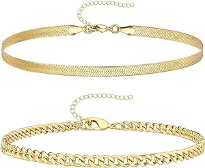 Gold Bracelets Set for Women 14K Real Gold Plated Dainty Gold Link Chain Bracelets for Women Trendy Gold Stackable Cuff Bracelets for Jewelry Gifts Women Adjustable 7"+2"