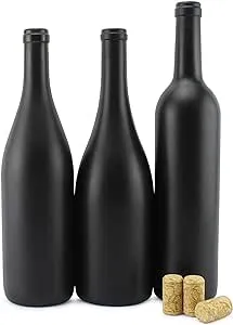 Cornucopia Brands Black Wine Bottles w/Corks, 3PC Set; Black Matte Coated Glass Wine Bottles Various Sizes