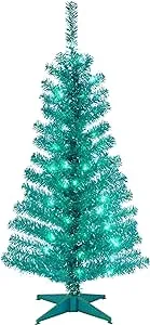 National Tree Company Pre-Lit Artificial Christmas Tree, Silver Tinsel, White Lights, Includes Stand, 4 feet