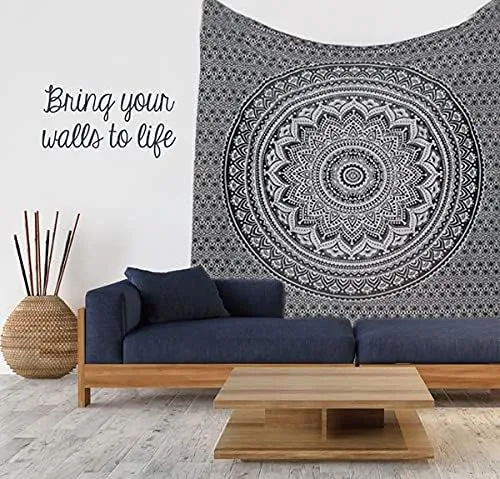 raajsee Grey Black Mandala Tapestry Bedroom Aesthetic - Indie Wall Tapestry Hippie Room Decor - Boho White Trippy Tapestry Wall Hanging - Mandalas Wall Art 82x92 Inches