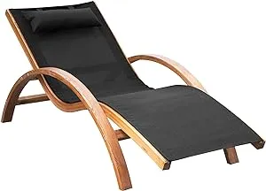 Outsunny Outdoor Chaise Wood Lounge Chair with Pillow, Armrests, Breathable Sling Mesh and Comfortable Curved Design for Patio, Deck, and Poolside