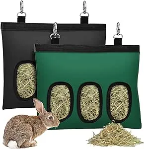 2PCS Rabbit Hay Feeder,Bunny Hay Bag for Rabbits,Rabbit Feeder Fabric Bag Feeder Storage Bag,3 Holes 600D Oxford Cloth Fabric Hanging Hay Feeder Bag for Small Animal,Hay Guinea Pig(Black&Blue)