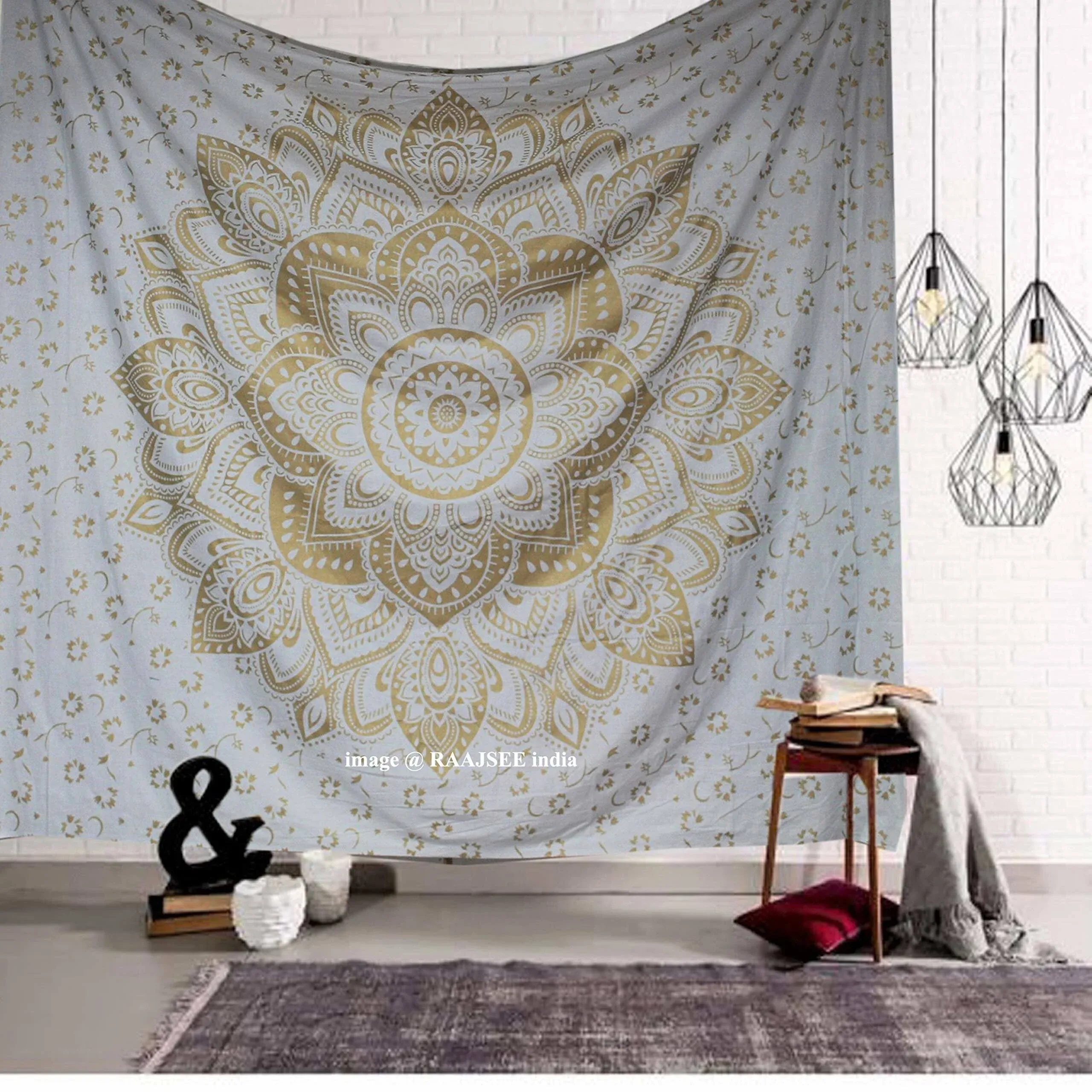 raajsee Ethnic Indian Wall Hanging Hippie Mandala Ombre Mandala Boho Tapestry White Gold