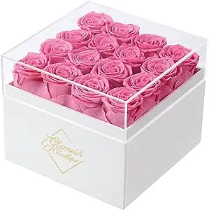 Preserved Roses in a Box - Valentines Day Gifts for Her & Mom, 16-Piece Rose Flowers Decor for Birthday Gift, Cased in White Box with Acrylic Cover, 6.9" x 6.9" x 5.5" - Pink