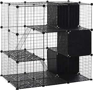 PawHut Pet Playpen Small Animal Cage 56 Panels with Doors, Ramps and Storage Shelf, C&C Cage for Rabbit, Kitten, Guinea Pig and Ferret, Indoor Use