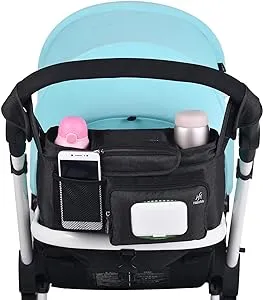 Hakofrik Universal Baby Stroller Organizer, Stroller Caddy with 2 Insulated Cup Holders Fits Almost All Stroller and Pushchair. Easy Access Wipe Holder, Free Shoulder Strap with Soft Cushion.