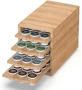 Coffee Pod Drawer (KK472) - Premium Bamboo, Compatible with K-Cups, 72 Pod Pack Capacity Rack, 4-Tier Holder & Storage, Kitchen Counter Organizer - Natural Bamboo