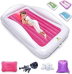 Sleepah Inflatable Toddler Travel Bed Portable Kids Air Mattress Set w Safety Rail Guards for Kids & Toddlers – Includes Pump, Carry Case, Pillow & More - Perfect Transitional Cot Coral