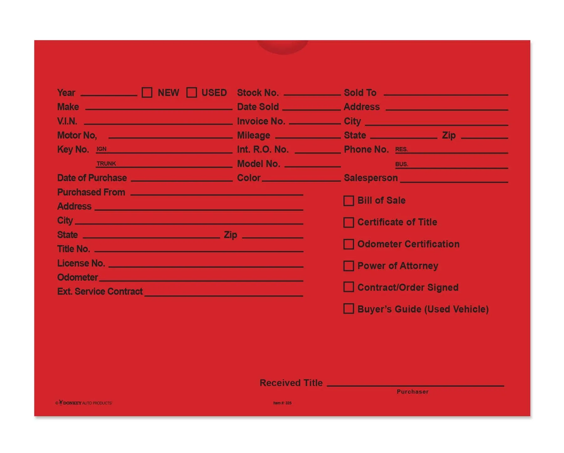 Printed Vehicle Deal Envelopes 9x12 Deal Jackets (100 Shrink Wrapped) (Red)