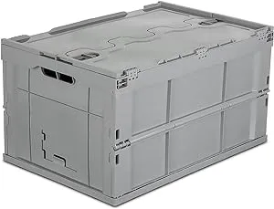 Mount-It! Collapsible Plastic Storage Crate, Folding and Stackable Utility Distribution Container with Attached Lid, 65L Liter Capacity, Pack of 1